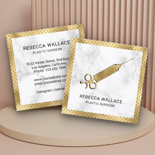 Cartão De Visita Quadrado Mármore Branco Seringa de Ouro Cirurgião Plástico