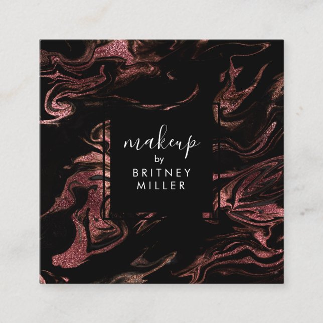 Cartão De Visita Quadrado Mármore negro rosa de ouro de cobre elegante (Frente)