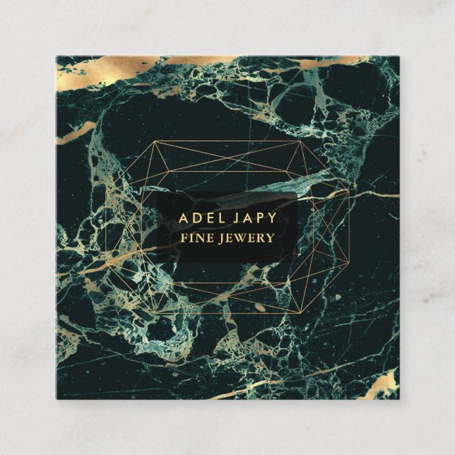 Cartão De Visita Quadrado Mármore Teal Green+Faux Dourado Gemstone Facet (Frente)