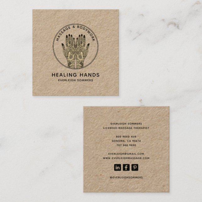 Cartão De Visita Quadrado Massage Therapist Body Work Mehndi Henna Kraft (Frente/Verso)