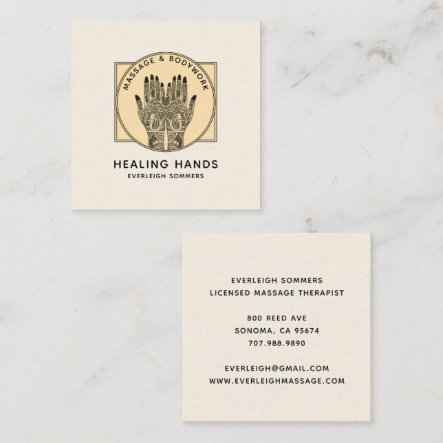 Cartão De Visita Quadrado Massage Therapist Body Work Mehndi Henna Square Bu (Frente/Verso)