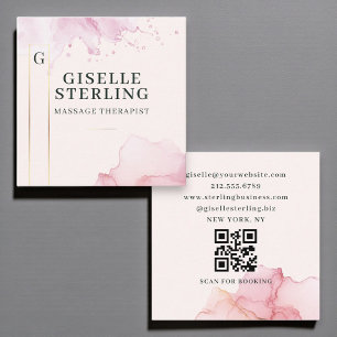 Cartão De Visita Quadrado Massagem Terapista Blush Pink Watercolor Código QR