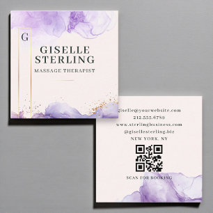 Cartão De Visita Quadrado Massagem Terapista Purple Watercolor Código QR