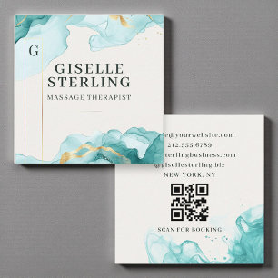 Cartão De Visita Quadrado Massagem Terapista Teal Blue Watercolor Código QR