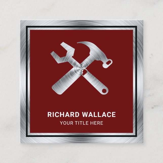 Cartão De Visita Quadrado Mecânico de Reparo Automático de Aço Vermelho Escu (Frente)