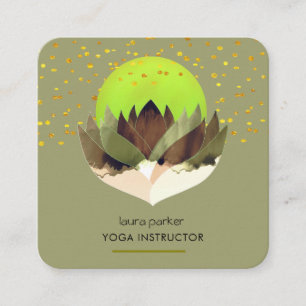 Cartão De Visita Quadrado Meditação de Yoga Limão Verde Lotus Flower Massage