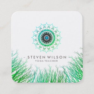 Cartão De Visita Quadrado Meditação Holística de Mandala Damask Green Yog