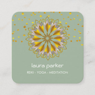 Cartão De Visita Quadrado Meditação Holística de Yoga Flor Verde Dourada Lot