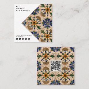 Cartão De Visita Quadrado Mediterrâneo Vintage Floral QR Code Social Media