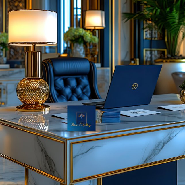 Cartão De Visita Quadrado Meia-noite Coleção de Palmas Marinho de Luxo Azul  (Stylish Navy Blue Midnight Palm QR Code Business Card )