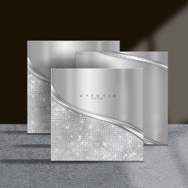 Cartão De Visita Quadrado Metal and Glitter Wave Silver ID807