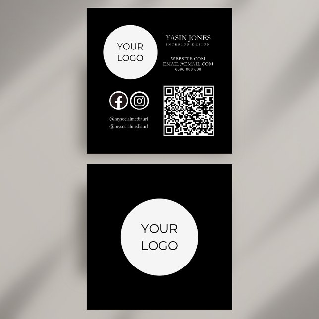 Cartão De Visita Quadrado Mídia social com código QR preto e branco exclusiv (Unique Black and White QR Code Social Media Square Business Card)