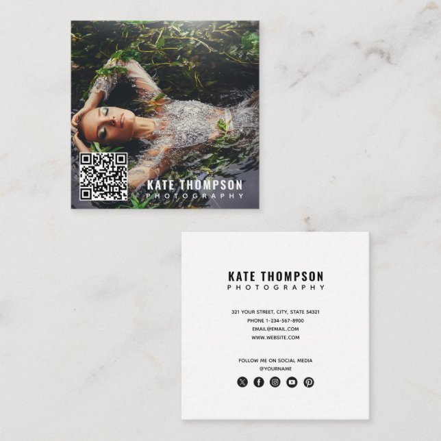 Cartão De Visita Quadrado Mídia social de código QR de foto mínima de tendên (Frente/Verso)
