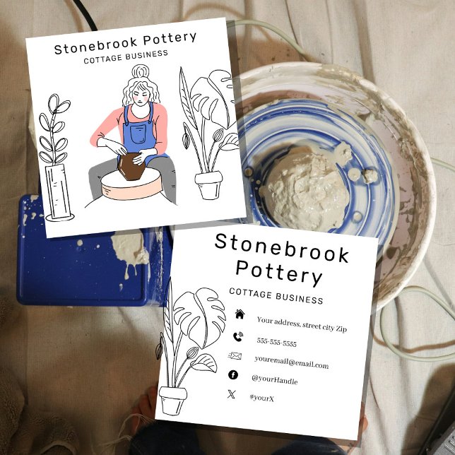 Cartão De Visita Quadrado Minimal Woman Illustration Pottery Wheel | Square  (Criador carregado)