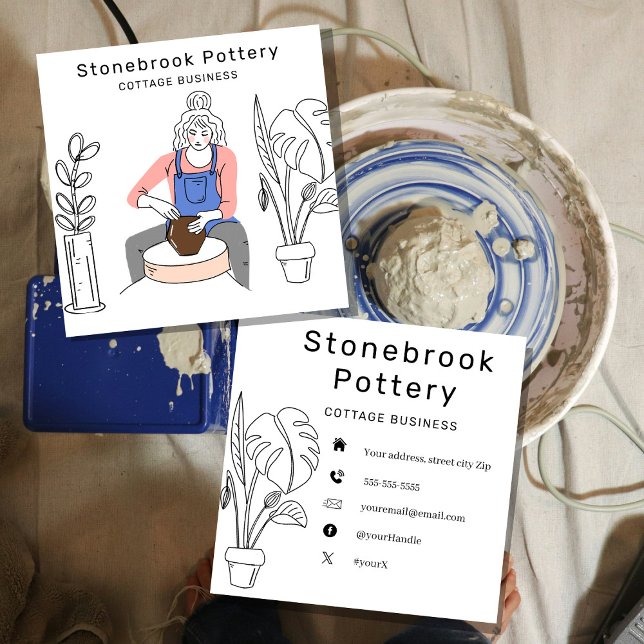 Cartão De Visita Quadrado Minimal Woman Illustration Pottery Wheel | Square  (Criador carregado)