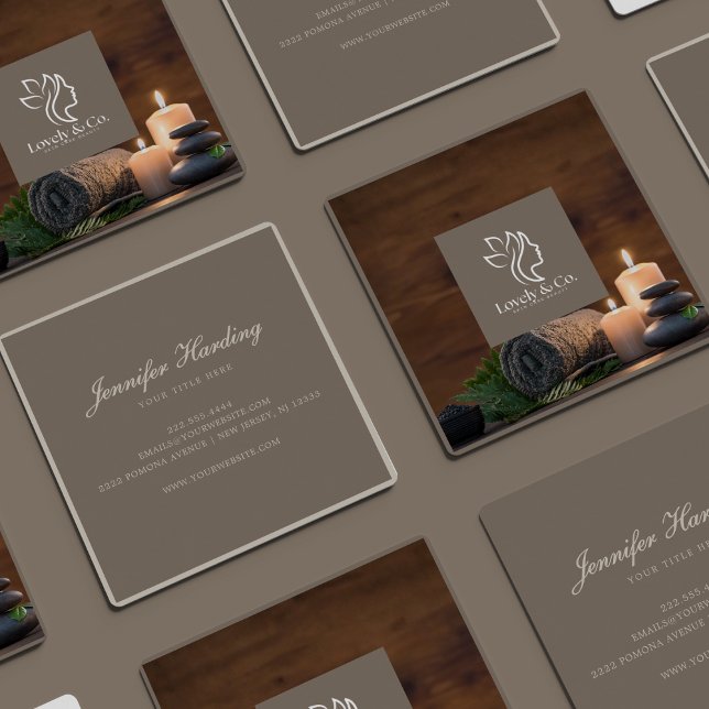 Cartão De Visita Quadrado Minimalist Neutral Beige Beauty Square with photo (Criador carregado)