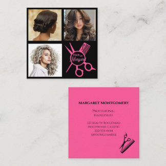 Cartão De Visita Quadrado Minimalist Scissors Pink Black Photo Hair Salon