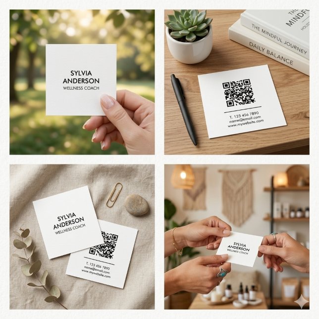 Cartão de Visita Quadrado Minimalista com Código Q (Minimalist Square Business Card with QR Code)