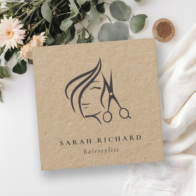 Cartão De Visita Quadrado Mínimo Elegante Hairstylist Kraft Hair Scissor (Criador carregado)