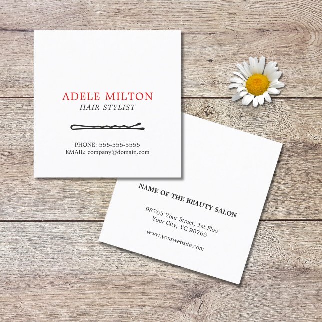 Cartão De Visita Quadrado Mínimo Elegante Preto, Cabeleireiro Vermelho Branc (Criador carregado)