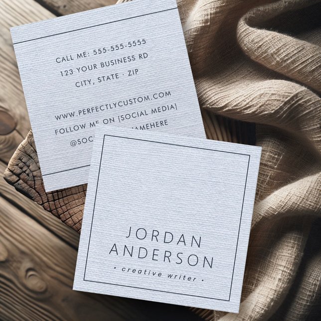 Cartão De Visita Quadrado Mínimo moderno de bordas finas poeirentas, aparênc (Modern minimal thin borders dusty blue linen look square business card)