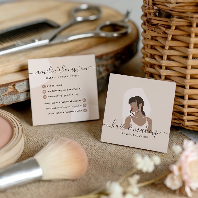 Cartão De Visita Quadrado Mínimo moderno de maquiagem pastel e ilustração ca (Modern minimal pastel makeup and hair illustration)