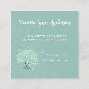 Cartão De Visita Quadrado Mint Heart Leaf Tree Boho Floral e Penas