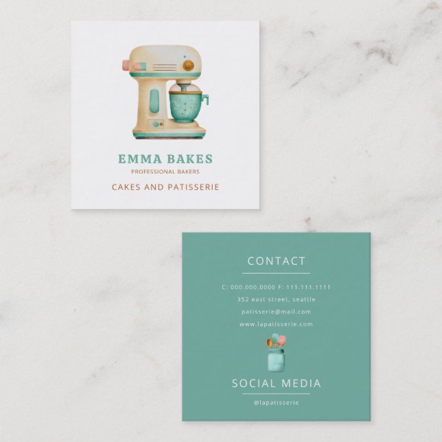 Cartão De Visita Quadrado Misturador de bolos com retro-safra Pastelaria (Frente/Verso)
