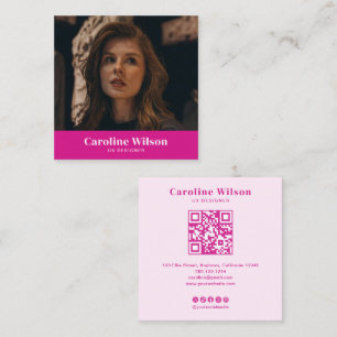 Cartão De Visita Quadrado Moça de Foto do Código QR Quente-Rosa Moderno