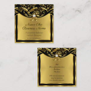 Cartão De Visita Quadrado Moda Elegante Dourado Preto Damasco Floral