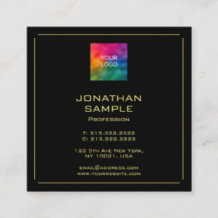 Cartão De Visita Quadrado Modelo Moderno Elegante Preto e Dourado Personaliz