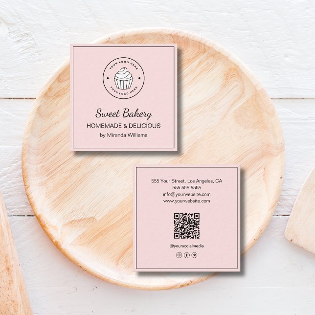 Cartão De Visita Quadrado Modern Bakery Custom Logo QR Social Media Pink (Modern Bakery Custom Logo QR Social Media Pink Square Business Card)
