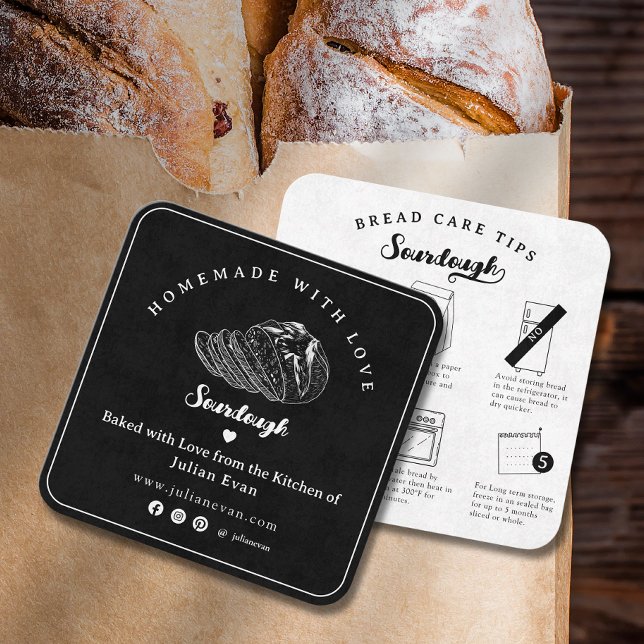 Cartão De Visita Quadrado Modern Black Homemade Sourdough Bread Care Tips (Modern Black Homemade Sourdough Bread Care Tips Square Business Card)