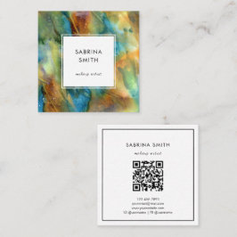 Cartão De Visita Quadrado Modern Blue Brown Watercolor Abstract QR Code