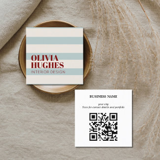 Cartão De Visita Quadrado Modern Bold Stripes Green Deep Red QR code