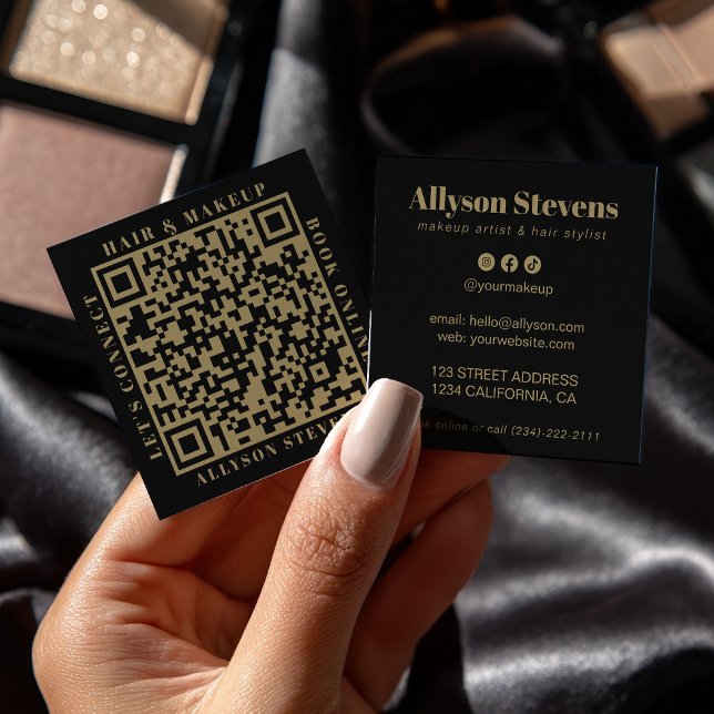 Cartão De Visita Quadrado Modern Gold Black Bold QR Code Hair & Makeup (Modern Gold Black Bold QR Code Hair & Makeup Square Business Card)