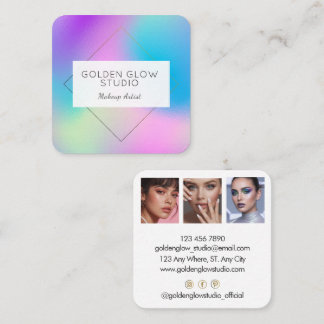 Cartão De Visita Quadrado Modern Holographic Makeup Artist Rainbow Colorful