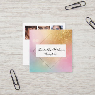 Cartão De Visita Quadrado Modern Holographic Makeup Artist Rainbow Gold