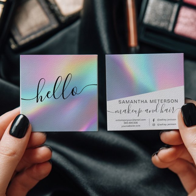 Cartão De Visita Quadrado Modern Holographic Script Hello Beauty Branding (Modern Holographic Script Hello Beauty Branding Square Business Card)
