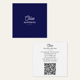 Cartão De Visita Quadrado Modern Navy Blue Business Card with QR Code