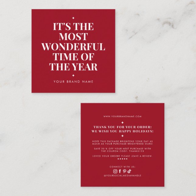 Cartão De Visita Quadrado Modern red holiday business thank you  (Frente/Verso)