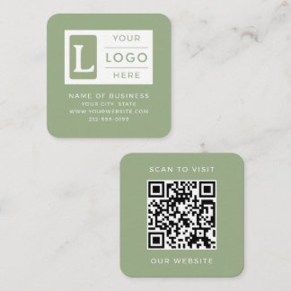 Cartão De Visita Quadrado Modern Sage Green QR Code Minimalist Custom Logo
