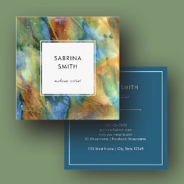 Cartão De Visita Quadrado Modern Simple Teal Blue Brown Watercolor Abstract