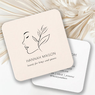 Cartão De Visita Quadrado Moderna, Arte em Linha, Mulher, Leafy, Salão, Beig