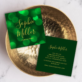 Cartão De Visita Quadrado Moderna caligrafia Emerald Green Bokeh Lights