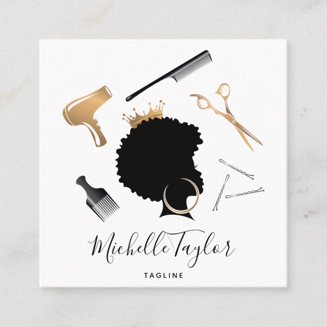 Cartão De Visita Quadrado Moderna Elegante Hairstylist Mulher Afro-Americana (Frente)