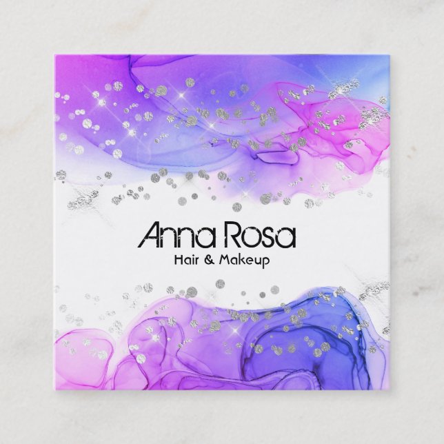Cartão De Visita Quadrado Moderno azul magenta do abstrato da aguarela do (Frente)