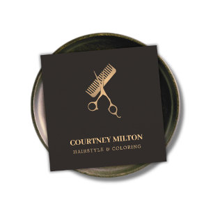 Cartão De Visita Quadrado Moderno Elegante Escuro Faux Dourado Tesoura Comb