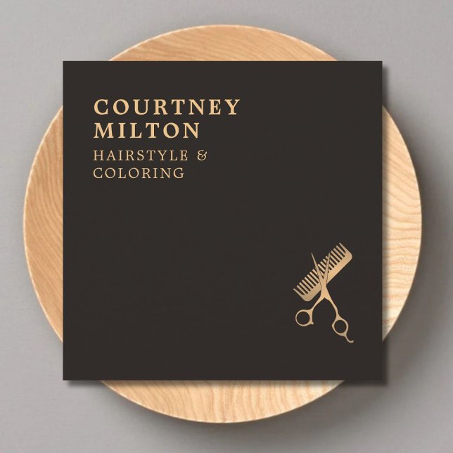 Cartão De Visita Quadrado Moderno Elegante Escuro Faux Dourado Tesoura Comb (Criador carregado)