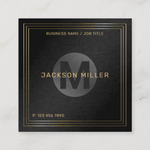 Cartão De Visita Quadrado Moderno preto e Dourado Monograma Personalizado Pr